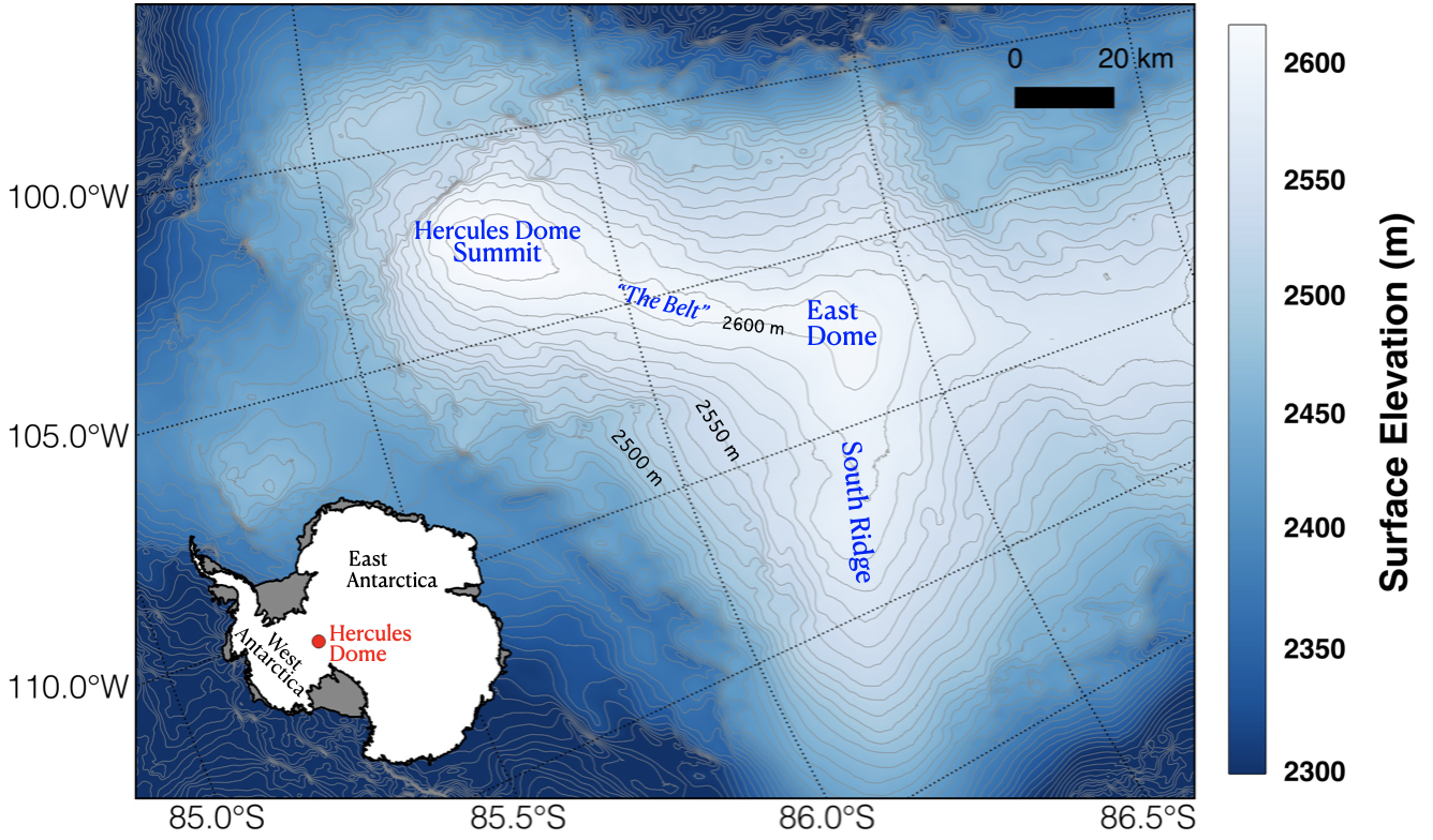 Topographic map of Hercules Dome, showing the location in Antarctica. Map by Ben Hills, University of Washington.